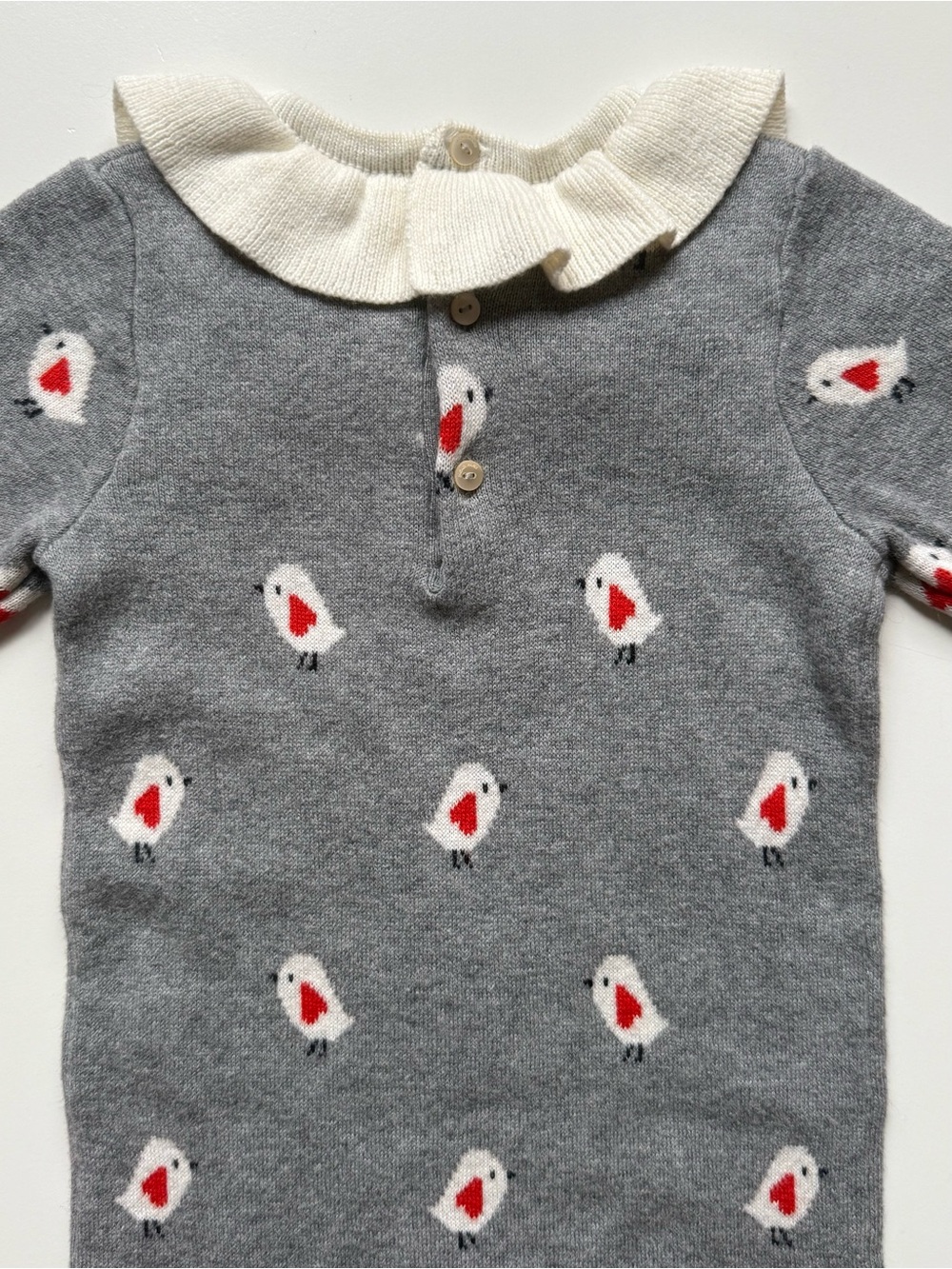 Jacadi Gray Knit One-Piece w/ Ivory Ruffle Collar & Valentine Bird Pattern - 12M - Picture 11 of 15